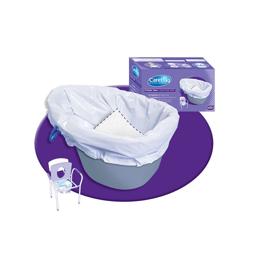 Commode Liner Carebag Pack Of 20, Absorbs 500ml, Hygienic Toilet Seat Liner, Avoids Commode Soiling, Suitable for Home & Travel, Disposable Liner, Sanitary, Leak Free, Fits Standard Commode Buckets