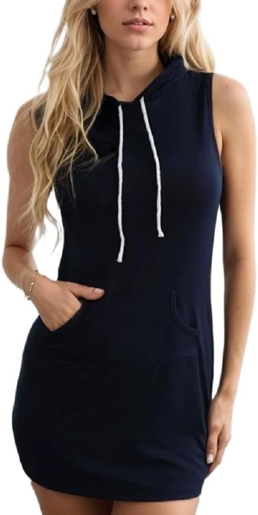 Sorrica Women Casual Sleeveless Cotton Sweat Hoodie Dress 6 Dark Blue