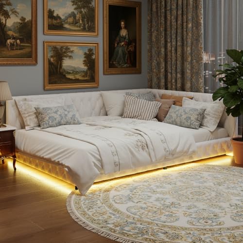 MISNODE Polsterbett Schlafsofa 140x200, Eckbett Sofabett mit LED und USB, L-förmiges Tagesbett Schlafsofa mit Lattenrost, Kinderbett Jugendbett Daybett Doppelbett, Teddy-Samtstoff(Beige-B01, 140x200)