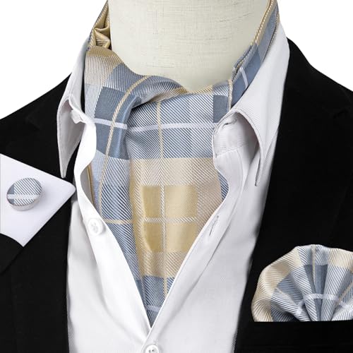 Image of DiBanGu 3PCS Ascot Ties for Men Wedding Jacquard Woven Silk Ascot Cravat for Men Cravat Tie and Pocket Square Set