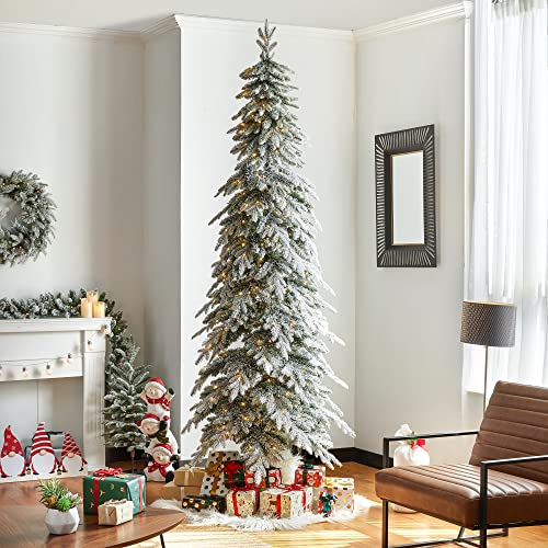 Glitzhome-9ft-Pre-Lit-Flocked-Pencil-Spruce-Artificial-Christmas-Tree-with-470-Warm-White-Lights-and-Sturdy-Metal-Stand-for-Home-Office-Party-Decoration Glitzhome 9ft Pre Lit Flocked Pencil Spruce Artificial Christmas Tree with 470 Warm White Lights and Sturdy Metal Stand for Home Office Party Decoration