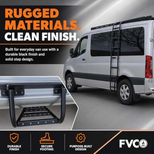 Image of FVC Wheel Wrap Side Ladder for 2007-2026 Low Roof Mercedes Benz Sprinter | Mounts to the Factory Roof Rails, Retains T-Vent or Pop-Out Windows on Driver Side, Seven Gripped Steps