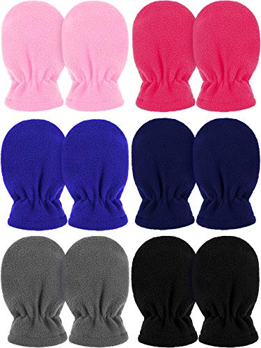 6 Pairs Baby Toddler Fleece Mittens Winter Kids Warm Mittens Thermal Infant Mitten Gloves (Pink, Rose Red, Dark Blue, Black, Grey, Navy Blue)