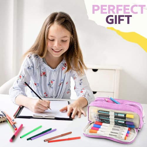 Image of Large Capacity Pencil Case Pencil Pouch Pen Bag with 3 Compartment Stationery Organizer with Zipper, School Supplies Organizer for Teen Adults (Purple)
