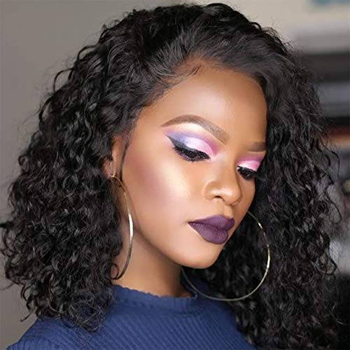 Human Hair Lace Front Short Curly Bob Wigs for Black Women Brazilian Virgin Hair Wigs 180% Density Black Curly Bob Wigs(10 inch)