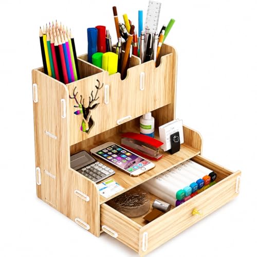 Image of Wooden Desk Organizer with Drawer Multipurpose Pen Stand & Stationery Holder for Office, Home & Study Table MDF Desktop Storage Organizer