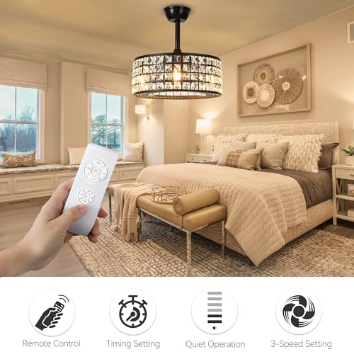 DWVO 18" Crystal Caged Ceiling Fans with Lights, Enclosed Modern Ceiling Fan with Remote Control Reversible Industrial Chandelier 3 Speeds, 3 Color Temperatures for Bedroom, Living Room, Dining Room
