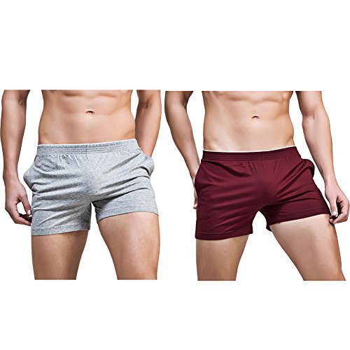 sandbank Men’s Pocket Running Workout Gym Active Shorts Lounge Sleep Bottoms (Waistline : 29-32 inch, 2 Pack-Grey+Wine Red)