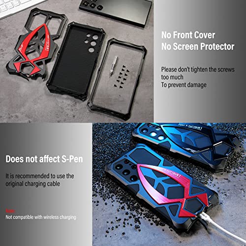 Kumwum Armor Phone Case For Samsung Galaxy S23 Ultra Military Grade Drop Protection Cover S23Ultra 5G Heavy Duty Hybrid Metal Bumper Built-In Silicone Shockproof Dustproof - Black + Red #TOP5