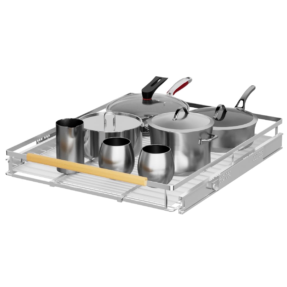 Slideep Pull Out Cabinet Organizer, Wire Frame Heavy Duty Expandable Slide Out Cabinet Organizer Storage for Pots, Pans, Cookware, Adjustable Width from 16.6''-27.8''