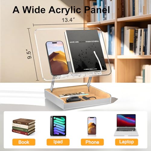 Image of Book Stand with Storage, Book Holder for Reading Hands Free, Wooden Cookbook Stand for Kitchen Counter, Adjustable Reading Stand for Desk, Recipe Stand, Book Prop for Book Lovers (Clear)