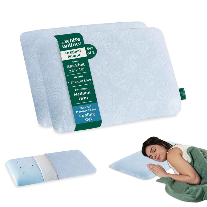 The White Willow Slim Pillow Set of 2 | Thin Orthopedic Bed Pillow for Sleeping | Cooling Gel Memory Foam Cervical Pillow for Neck & Shoulder Pain Relief | XXL King Size 1.5" Height – Blue