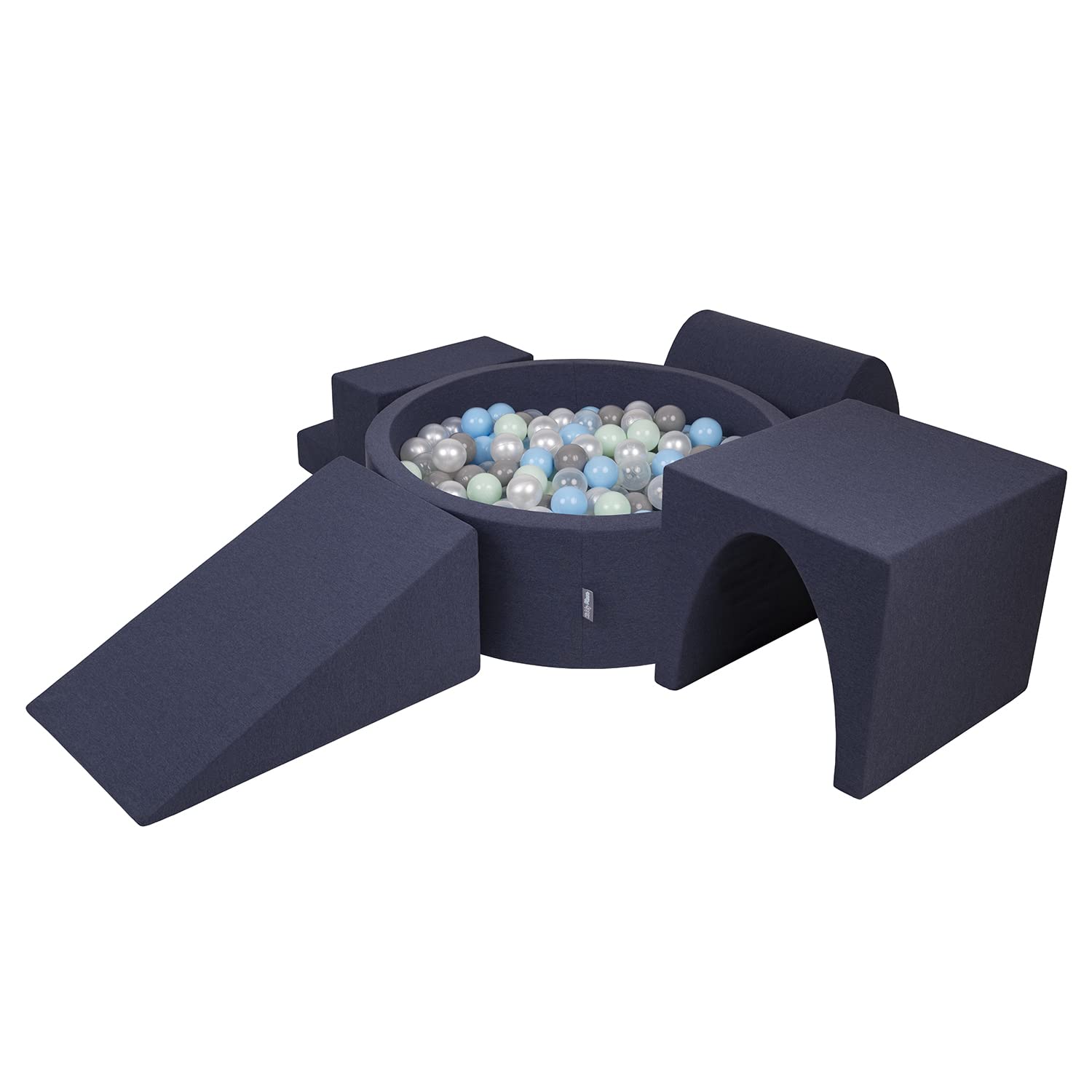 KiddyMoon Foam Playground For Kids With Round Ballpit (200 Balls ∅ 7Cm/2.75In) Soft Obstacles Course And Ball Pool, Made In EU, Darkblue:Pearl/Grey/Transparent/Babyblue/Mint