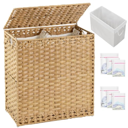 SETVSON Laundry Hamper with Lid Wicker Laundry Basket 112L, Natural | Large Family Clothes Sorter Trunk with Lid, 3 Compartment Washable Liners, 6 Mesh Bags, Collapsible Steel Frame