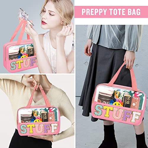Preppy Clear Stuff Makeup Bags With Chenille Letter Patches, Travel Essentials Large Clear Make Up Bag Zipper Pouch With Handle, Waterproof Nylon Cosmetic Toiletry Storage Tote For Women (Stuff-Pink) #TOP4