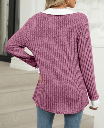 Women's V Neck Sweaters Pullover Color Block Collar Long Sleeves Loose Fit Casaul Lightweight Polo Tunic Tops Shirts3