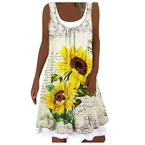 SHOPESSA Womens Summer Casual Ruffle Dress Knee Length Boho Floral Print Womens Sunflower Flowy Tank Dresses Yellow