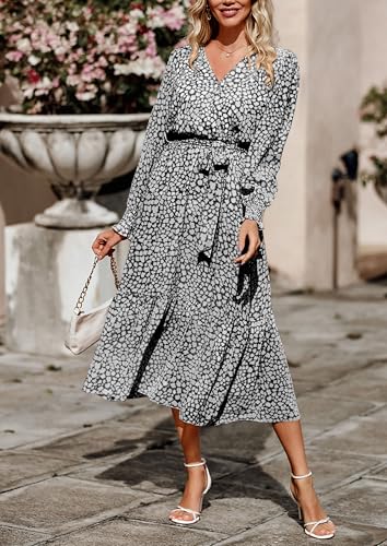 Image of PRETTYGARDEN Women's Floral Boho Dress Fall Long Sleeve Wrap V Neck Ruffle Flowy Maxi Spring Wedding Guest Vacation Dresses