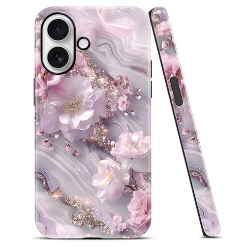 Coque iPhone 16 antichoc rigide TPU souple marbre paillettes rose