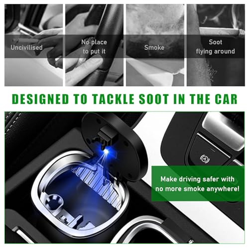 Image of Ohleats Car Ashtray, Detachable Stainless Steel Smokeless Ash Tray with LED Blue Light, Auto Ashtray with Lid Smell Proof Weed for Most Vehicles, Universal Interior Car Accessories (Pack of 2)