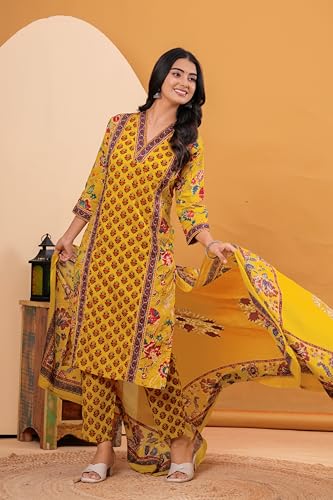 Image of MEERA FAB Women's Cotton Blend Straight Printed Kurta with Palazzo & Dupatta