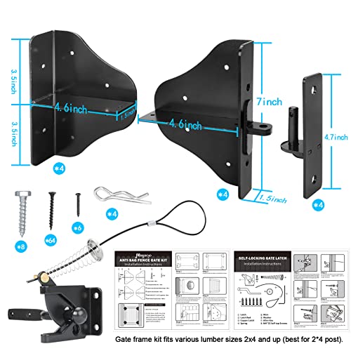 Image of Fence Gate Kit Gate Hardware with Gate Latch for Single and Double Doors - Updated 90 Degree Right Angle Gate Hinges - Anti Sag Gate Kit - Gate Corner Brace Bracket (2 Set)