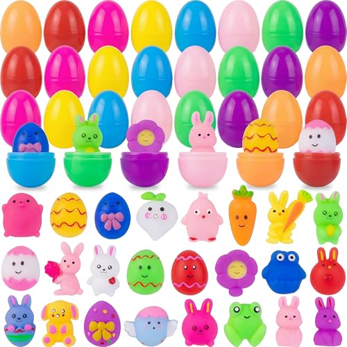 Menzcci 24 Pack Easter Mochi Squishy Toys Squishies Easter Toys with 24 PCS Plastic Easter Eggs for Kids Toddlers Easter Basket Stuffers Egg Fillers Party Favors Gifts