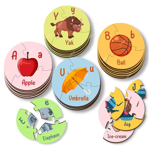 Image of Lefan Round Alphabet Jigsaw Puzzle for Kids Educational ABC Learning Toy 26 Piece Circular Puzzle Preschool Montessori Game Colorful Wooden Letters Toddlers Age 2 3 4 5 Years