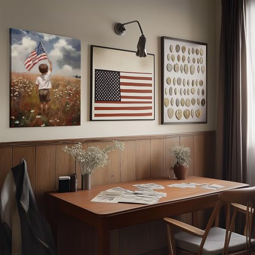 Image of Sunwes Patriotic Memorial Day Wall Art, Little Boy Holding American Flag in Flower Field Print, Inspirational USA Independence Day Framed Poster Oil Painting for Family Room or Entryway 11x14inch
