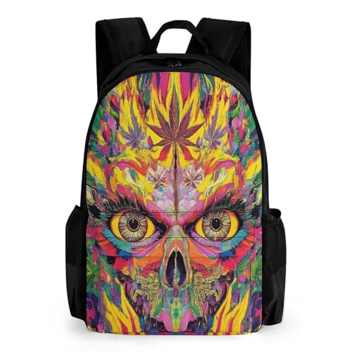 Backpack with Zippered Side Pockets, Unisex Trippy Weed Leaf Skull Art Breathable Backpack for Hiking, Gym, Fashion Adjustable Shoulder Bag