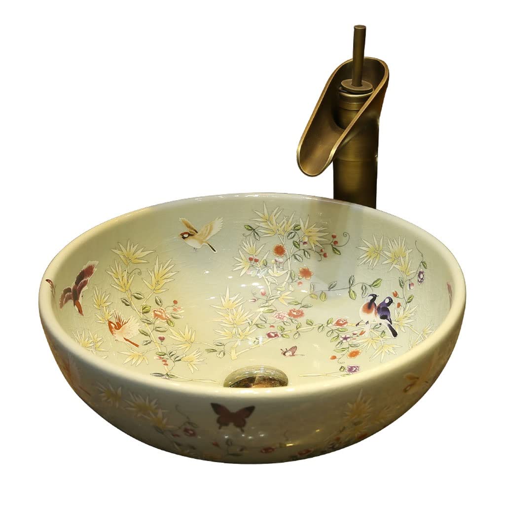 AYCDL Vanity Sink Basin Bathroom Vessel Sink Bathroom Utensils Sink Round Ceramic Washbasin Home Art Countertop Basin with Faucet Bathroom Vanity