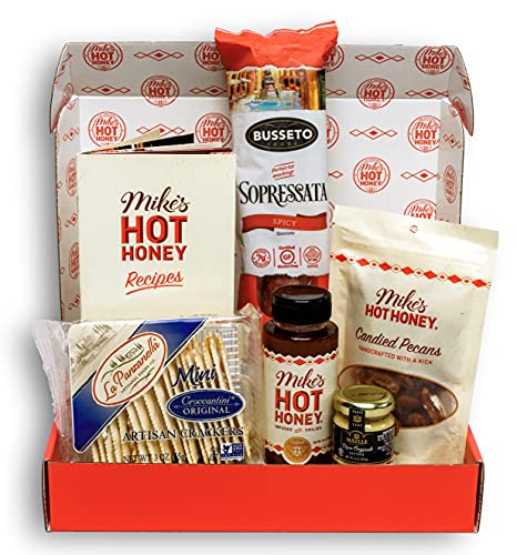 Product Image of the Mike’s Hot Honey Gourmet Gift Basket - Charcuterie Gift Box with Mike's Hot Honey, Artisan Sausage, Candied Pecans, Sea Salt Crackers, Dijon Mustard - Everything but the Cheese Gift Set