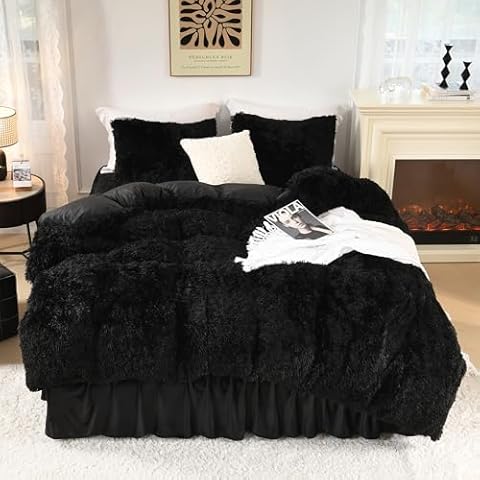 Litanika Black Fluffy Comforter Queen, Luxury Fuzzy Plush Faux Fur Bedding Set for Queen Bed, Ultra Soft Velvet Warm Comforter 3 Pieces(1 Shaggy Comforter 90×90 Inch, 2 Pillowcases) Cover