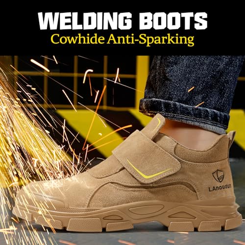 Image of GLANOUDUN Steel Toe Boots for Men, Welding Work Boots with Puncture-Resistant Midsole, High Top Hook and Loop Safety Footwear for Welding Workshop Construction Warehouse Factory