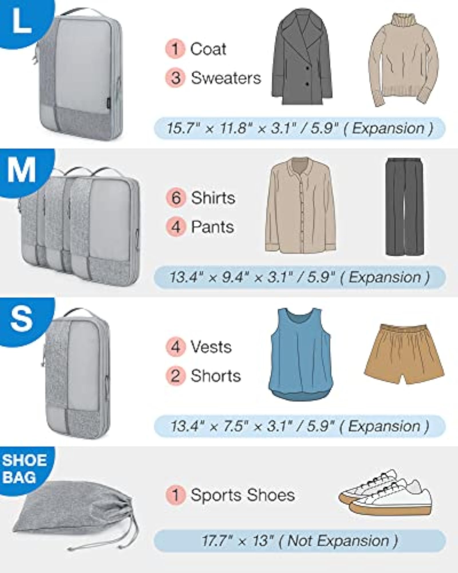 6 Set Travel Packing Cubes with Shoe Bag