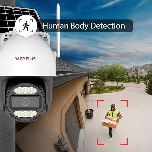 CCTV camera with 'Human Body Detection' icon, showing a delivery person being detected