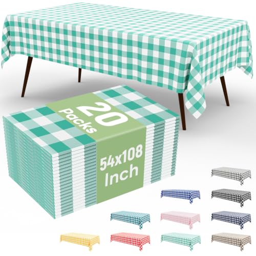 misaya 20 Packs Buffalo Disposable Table Cloth, 54 x 108 Inch Waterproof Plastic Tablecloth, Rectangle Teal and White Checkered Table Covers for Picnic, Birthday, Party, Back to School