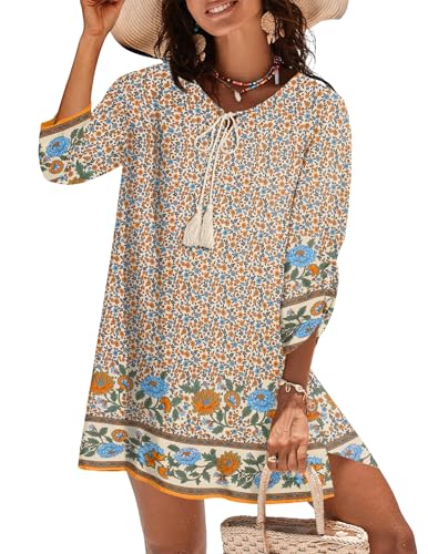 Image of Zeagoo Womens Boho Dresses Casual Beach Summer Dress Tassel Tie Neck 3 /4 Long Sleeve Mini Sundress 2025 Floral Print Cover Up