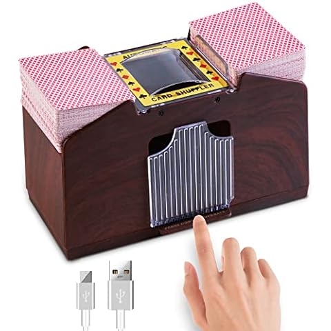 HJCMikee 1-4 Deck Automatic Card Shuffler Luxury Wood Grain Professional Casino Poker Cards Shuffle Machine Playing Blackjack Game Battery Operated Or USB Electric Equipment Cover