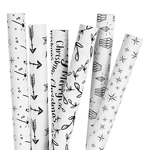 RUSPEPA Christmas Kraft Wrapping Paper Roll - White Kraft Paper with Black Pattern Design - 6 Roll - 30 inches X 10 feet Per Roll