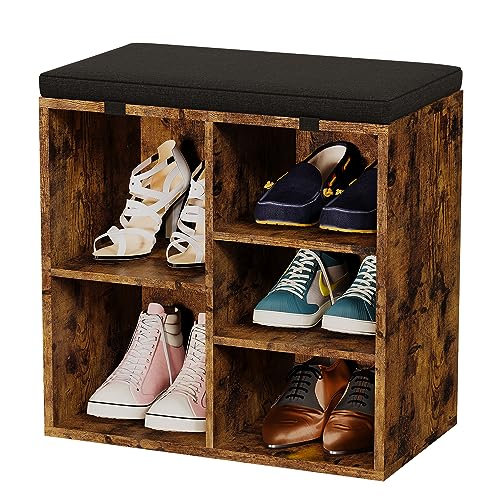 coucheta Shoe Storage Bench with Cushion, Cubby Seat Shoe Cabinet, Small Shoe Rack Bench with 3-Tier Adjustable Shelf for Entryway, Bedroom, Living Room, Hallway, Closet and Garage (Brown, 20 Inches)