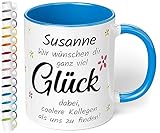 Abschiedsgeschenk für Kollegen: Tasse personalisiert „Wir wünschen dir ganz viel Glück“ - lustige Kaffeetasse 330ml mit 3 Zeilen Wunschtext als Geschenk zum Abschied neuer Job (Cambridge Blau)