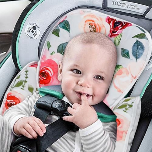 Image of 2 in 1 Infant Car Seat Insert, Car Seat Head Support Baby Girls Boys, Soft Newborn Carseat Insert Cushion, Perfect for Carseats, Strollers, Swings (Rose Flower)