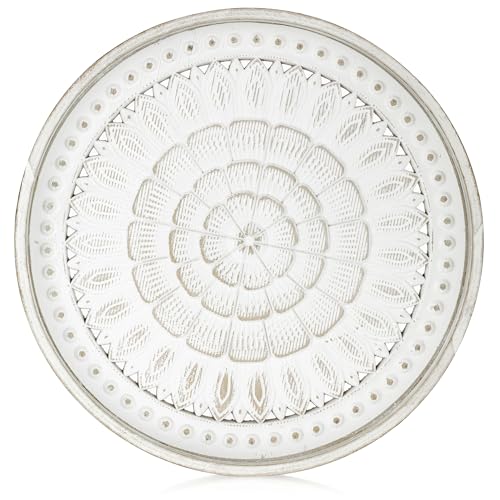 Hanobe Bandeja Redonda Decorativa de Madera Vintage Tallada Blanca Lavada Boho Pequeña para Velas y Café
