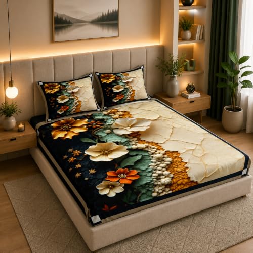 Image of 7D Digital Printed King Size Bedsheet with 2 Pillow Covers | Soft Premium Cotton Feel Microfiber Double Bed Bedsheet | Wrinkle Free & Fade Resistant | (Digital1 FLW, King Size - 90 x 100)