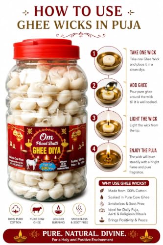 Image of Om Phool Batti Readymade Pure Cow Ghee Diya Batti for Puja, 300 Pcs, White