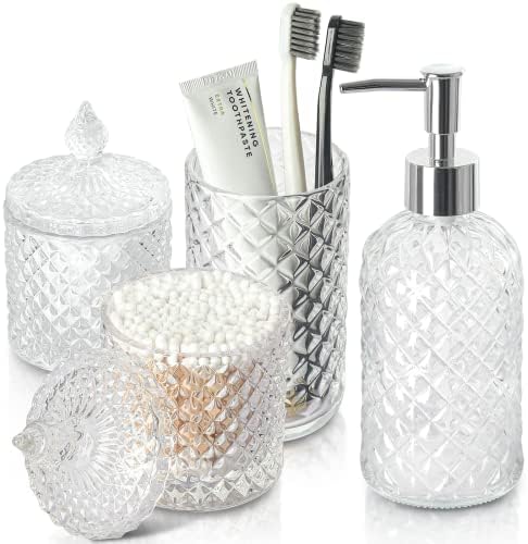 RYTOXILO Bathroom Accessories Set, 4 Pack Clear Glass Bath Accessory Sets Complete, Diamond Soap Dispenser and Toothbrush Holder Bathroom Counter Sink Set, Boho Modern Bathroom Decor