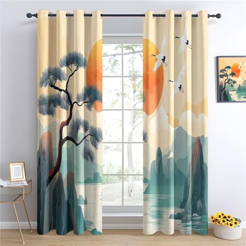 Cortinas térmicas supersuaves con Aislamiento Pino Pintado con Acuarela en Estilo Chino Cortinas Opacas Azul Cortinas Estampadas con Ojales para Ventanas de 100An x 160Al cm (2 Paneles)