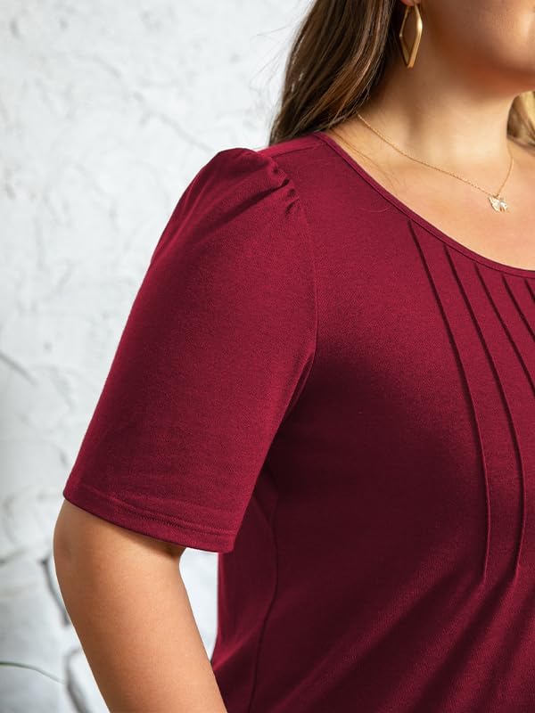 CARRROTMOB Plus Size Womens Summer Tops Puff Short Sleeve Crew Neck Pleated T Shirts Loose Dressy Casual Blouses - Image 4