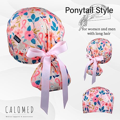 Image of Scrub Cap for Women and Men, Ponytail Scrub Caps, Working Hat, Head Cover with Ribbon Ties and Buttons, Long Hair